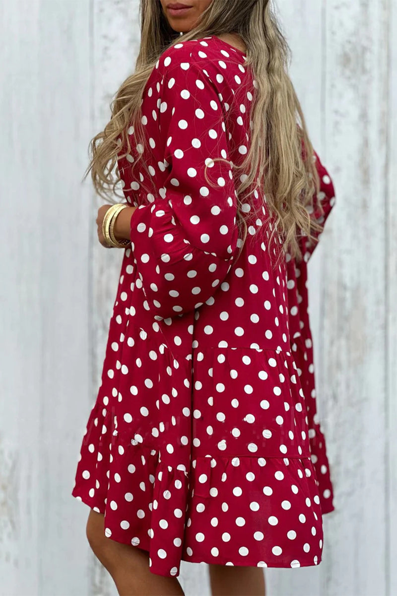 Elegant Print Polka Dot Flounce V Neck A Line Dresses