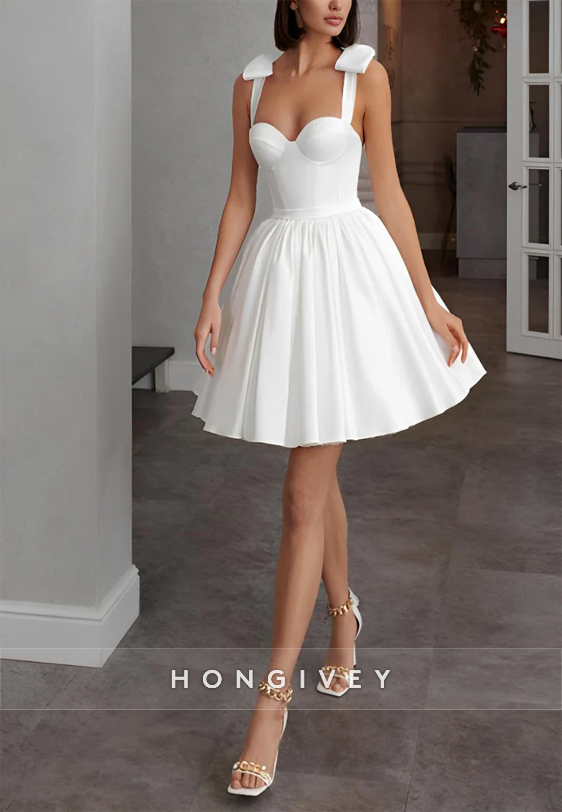 H1771 - Satin A-Line Sweetheart Spaghetti Straps Short Wedding Dress