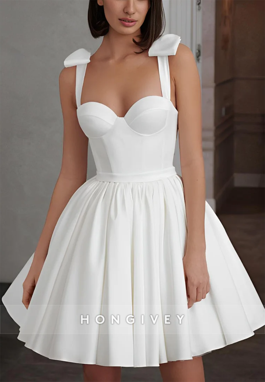 H1771 - Satin A-Line Sweetheart Spaghetti Straps Short Wedding Dress