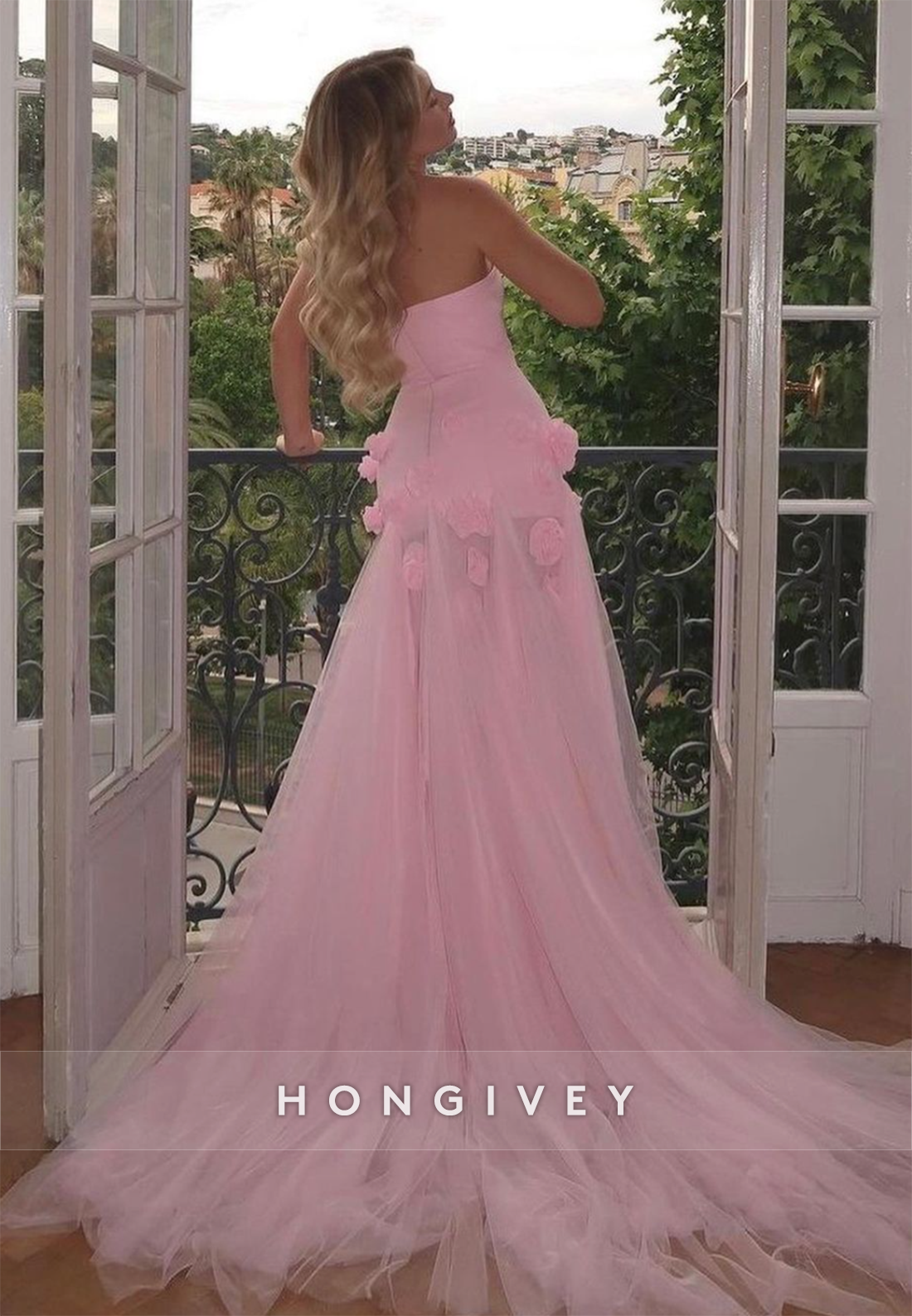 L2991 - Chic A-Line Sweetheart Strapless Floral Embossed Long Prom Dress