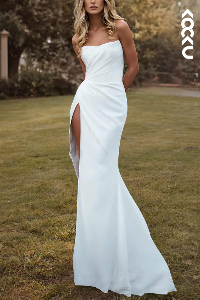 K2126 - Simple & Casual Scoop Sheath/Column Sleeveless Side Slit Wedding Dress