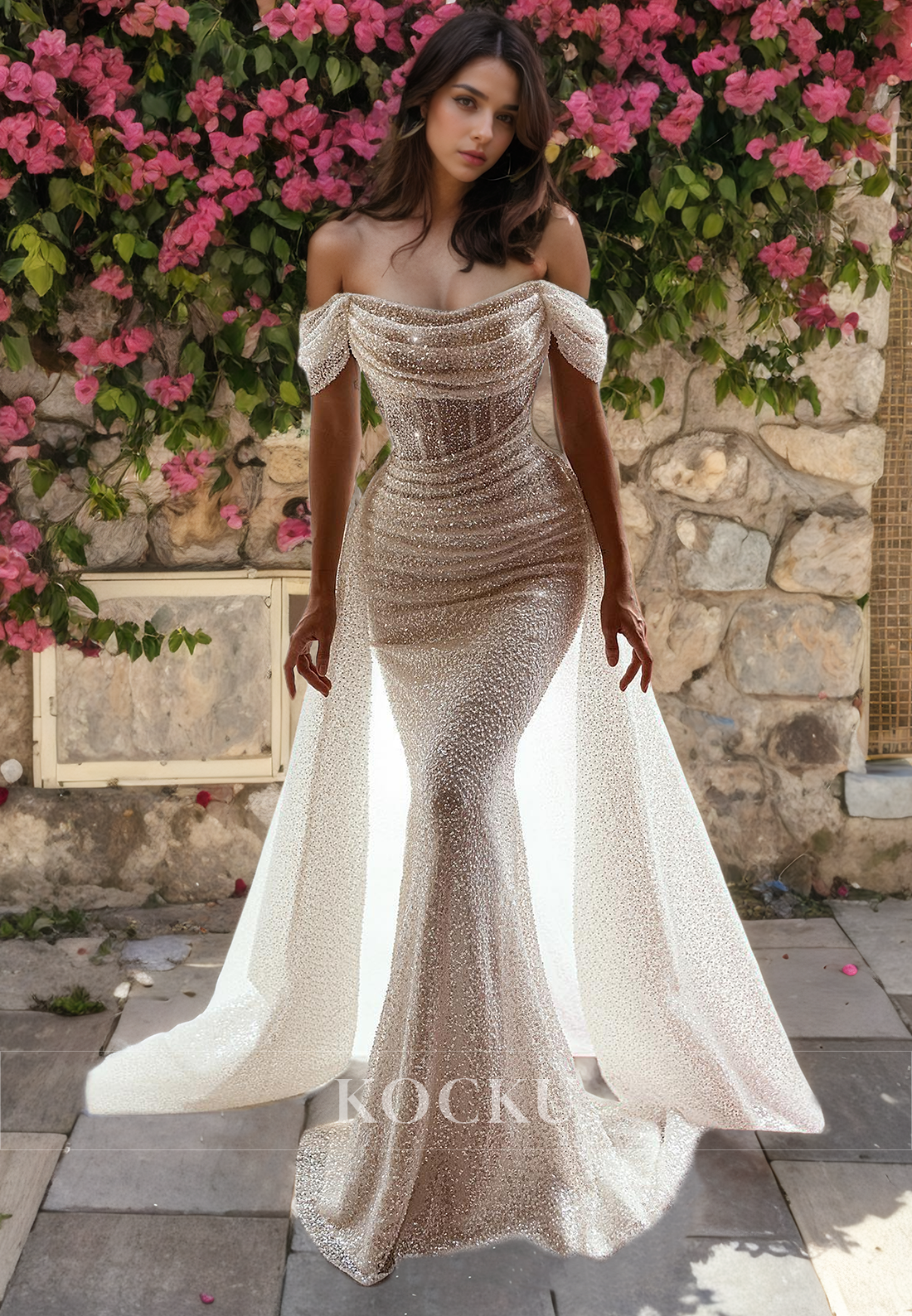 Gorgeous & Charming Off-Shoulder Mermaid Sparkly Sequined Wedding Dress