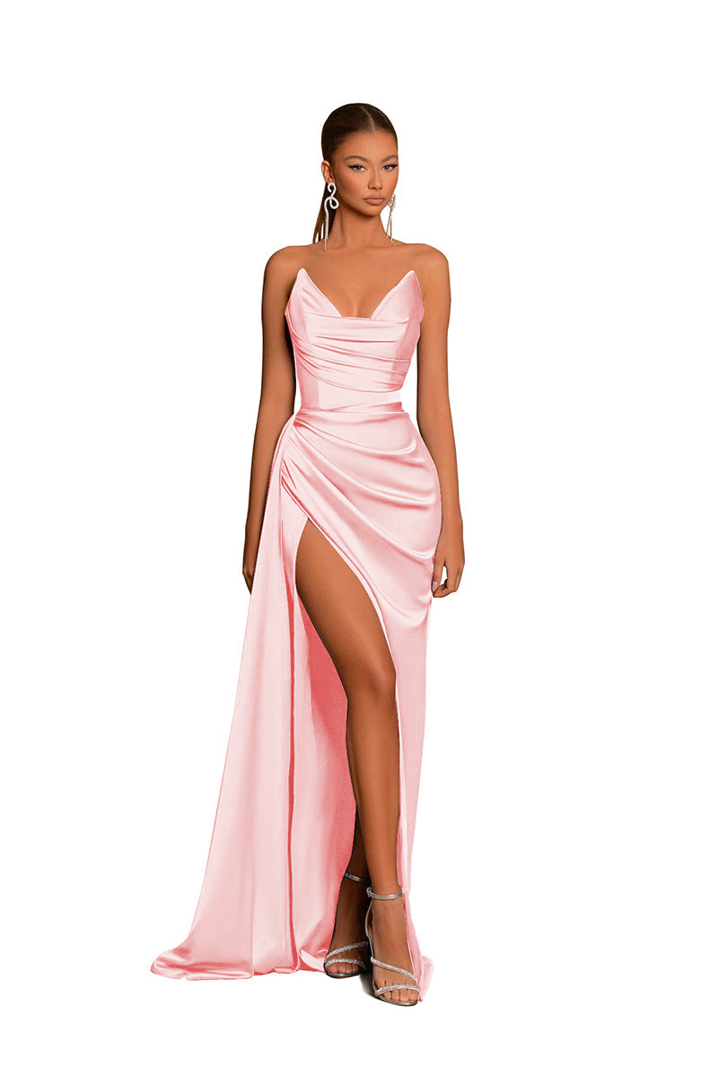 B4181 - V-Neck Strapless Ruched Satin Sheath Long Bridesmaid Dress With Slit