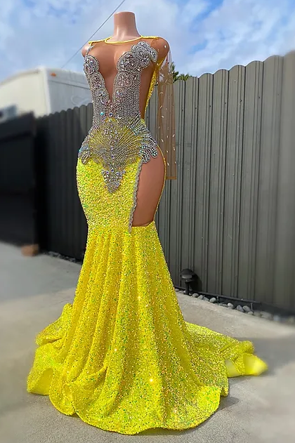 Glamorous Round neck Silver Beaded Long Mermaid Yellow Sequin Prom Party Dresses