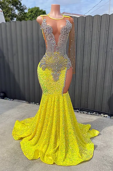 Glamorous Round neck Silver Beaded Long Mermaid Yellow Sequin Prom Party Dresses