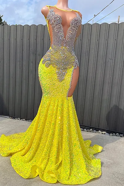 Glamorous Round neck Silver Beaded Long Mermaid Yellow Sequin Prom Party Dresses