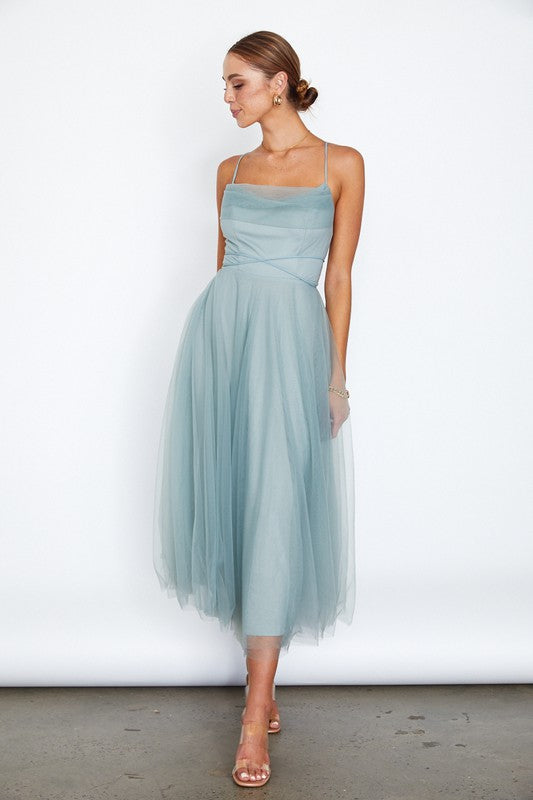 Tulle Ballerina Midi Dress With Cowl Front And Lace Up Open Back