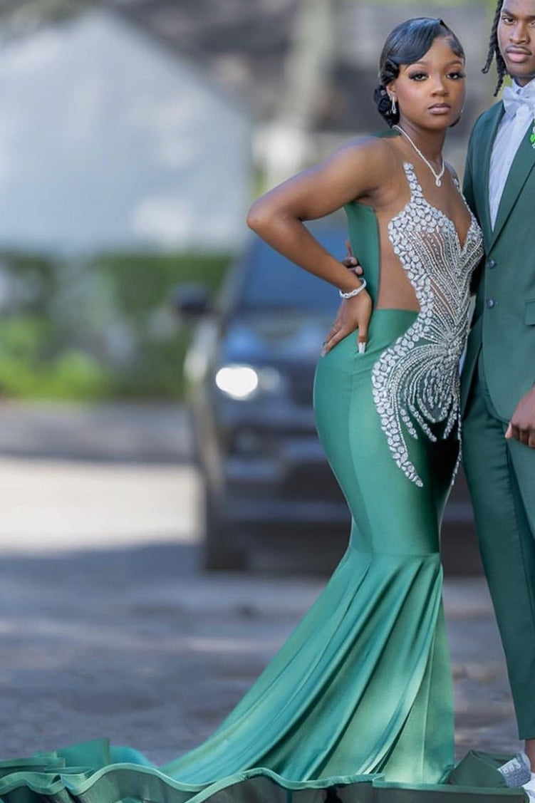 Dark Green Mermaid Floor length Prom Dresses with Silver Beads