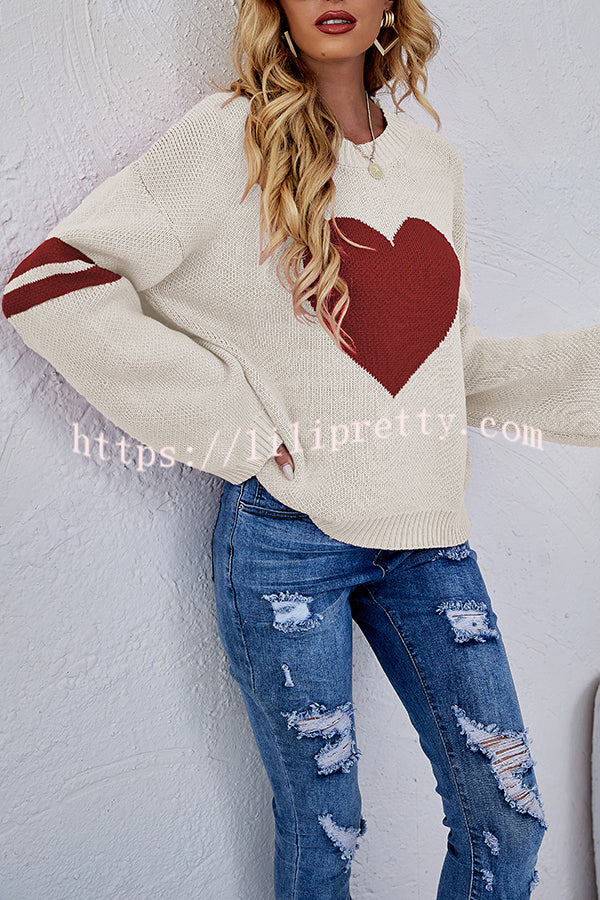 Contrast Color Round Neck Pullover Love Heart Knitted Long Sleeved Sweater