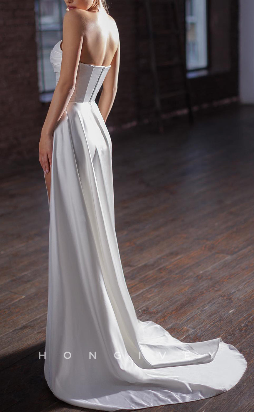 H1677 - Satin Strapless Sleeveless Pleats With Side Slit Train Wedding Dress