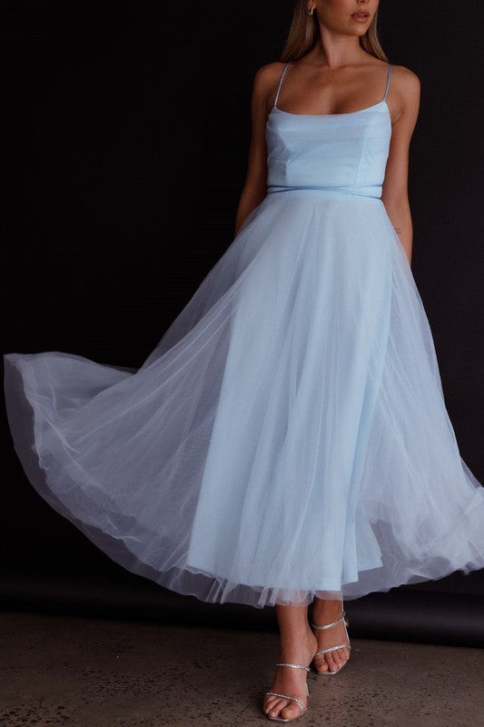 Tulle Ballerina Midi Dress With Cowl Front And Lace Up Open Back