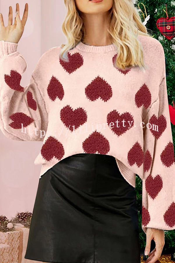 Heart Shaped Crew Neck Knitted Long Sleeve Sweater