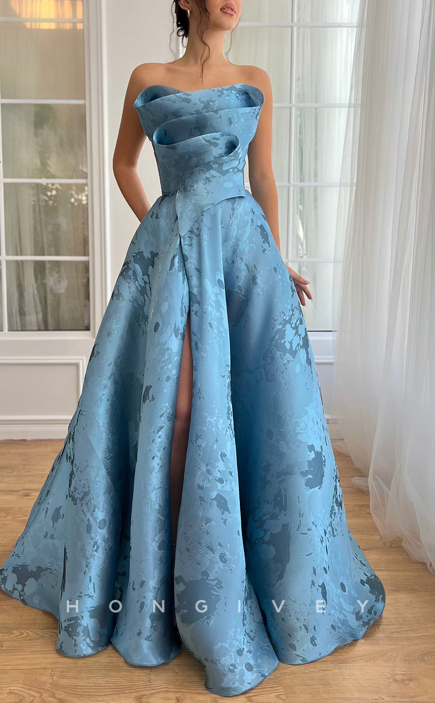 L2747 - Satin A-Line Strapless Appliques With Side Slit Party Prom Evening Dress