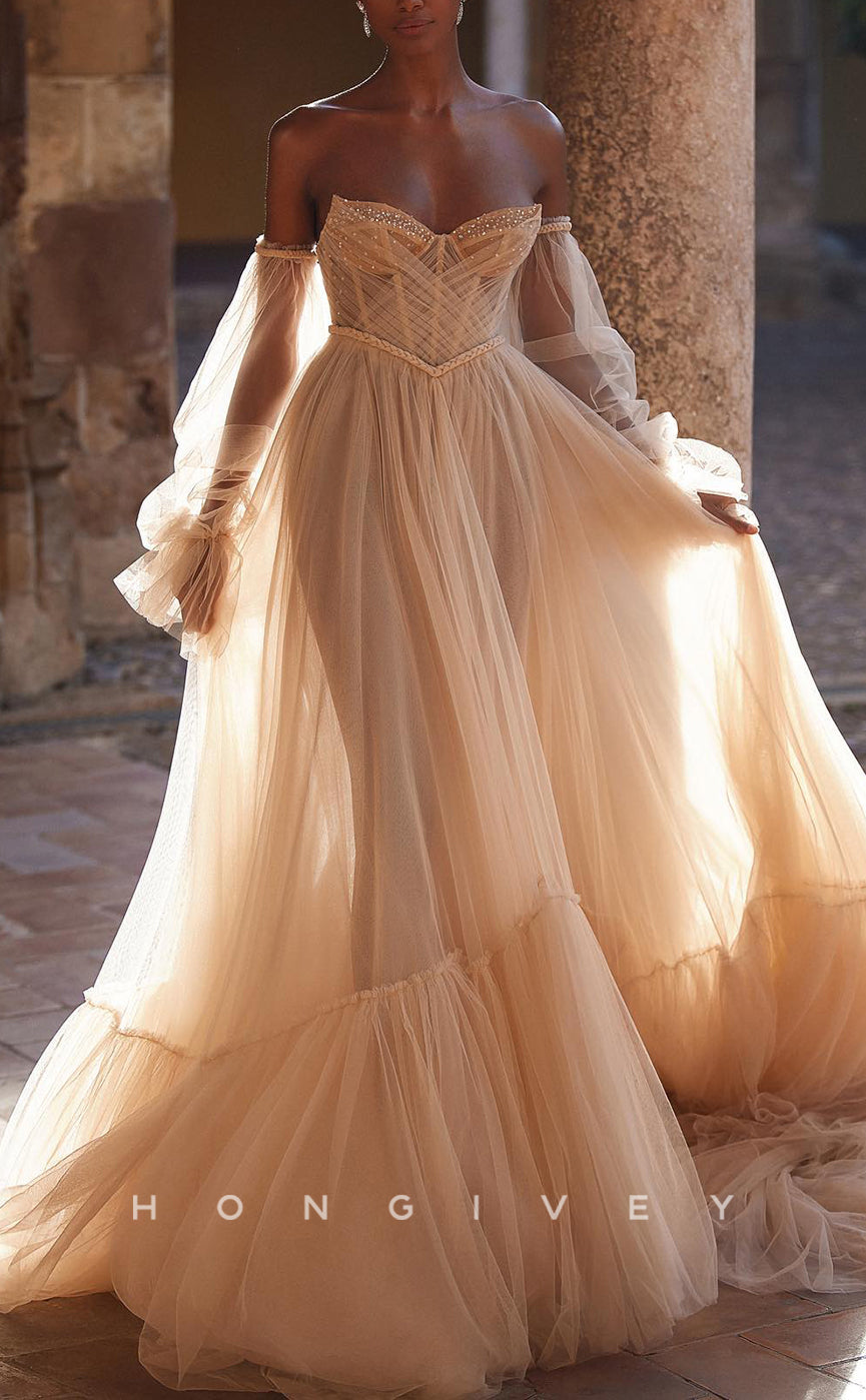 H1676 - Tulle A-Line Off-Shoulder Beaded Sheer Wedding Dress