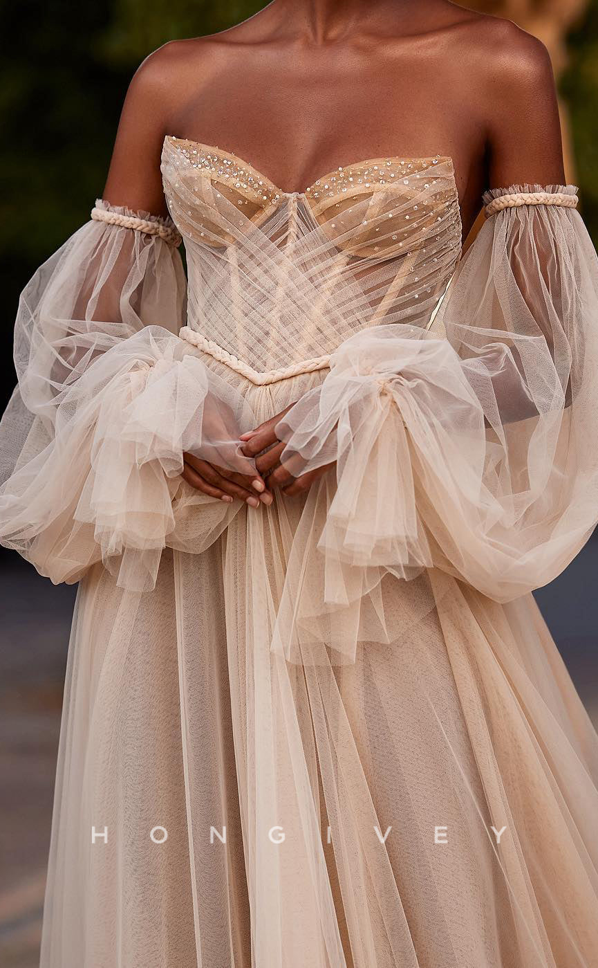 H1676 - Tulle A-Line Off-Shoulder Beaded Sheer Wedding Dress