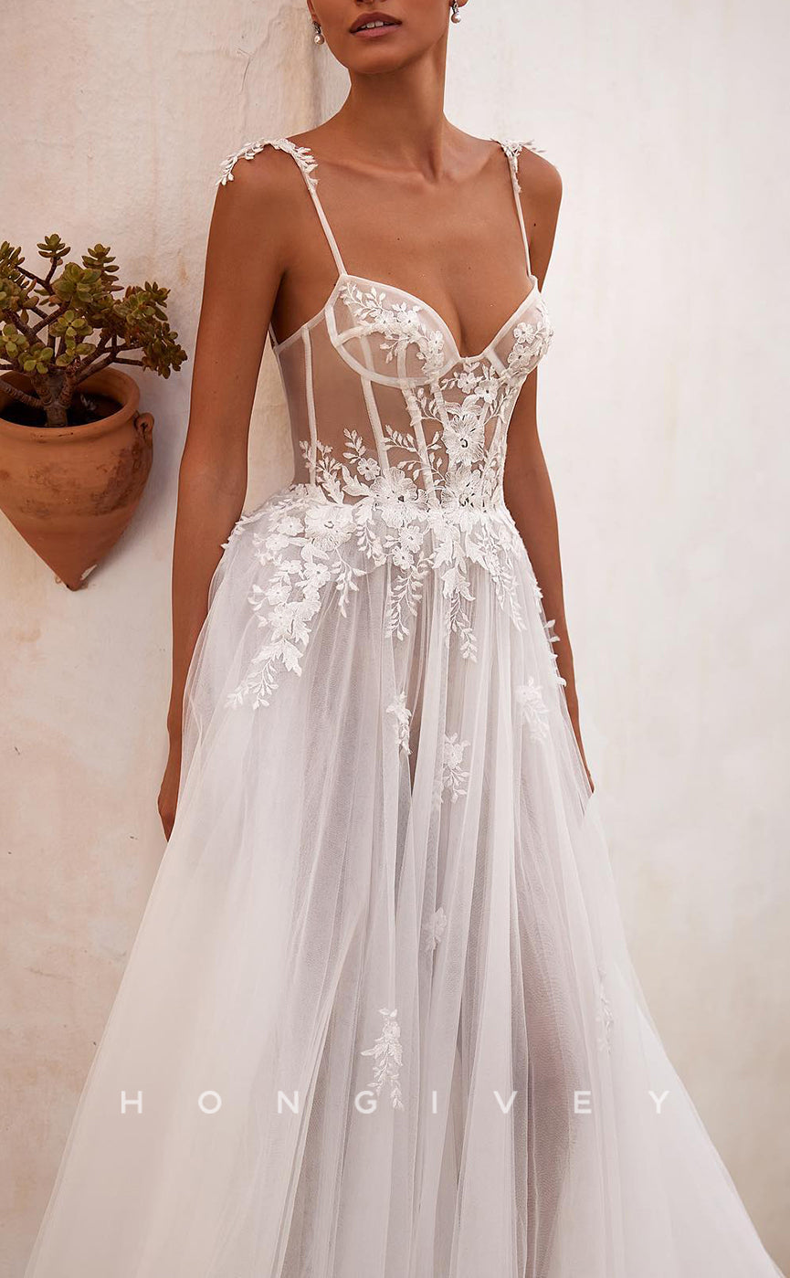 H1675 - Sheer Tulle A-Line Spaghetti Straps Sleeveless  Appliques Wedding Dress