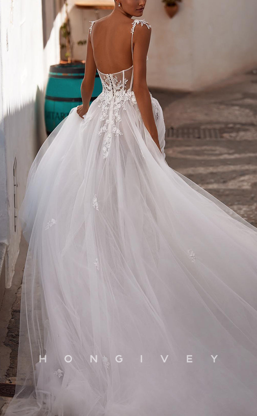 H1675 - Sheer Tulle A-Line Spaghetti Straps Sleeveless  Appliques Wedding Dress