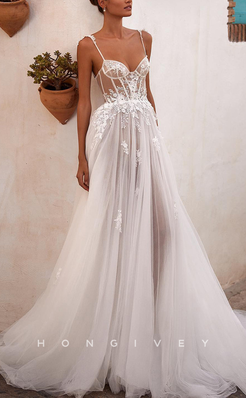 H1675 - Sheer Tulle A-Line Spaghetti Straps Sleeveless  Appliques Wedding Dress