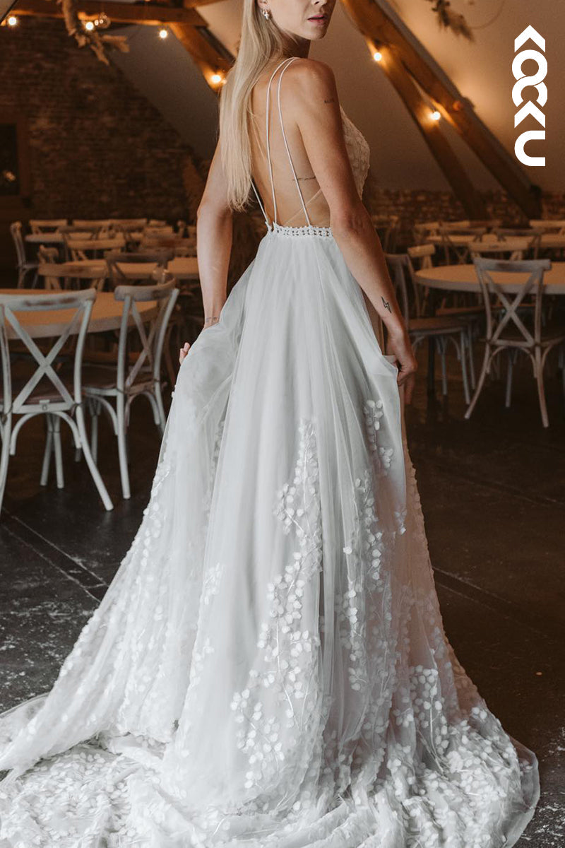 K2128 - Gorgeous & Charming V-Neck Sleeveless A-Line Appliques Open Back Wedding Dress