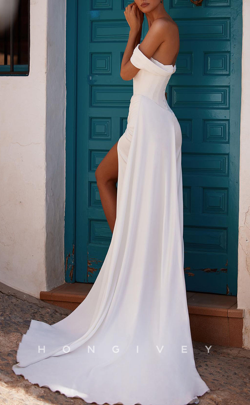 H1673 - Off-Shoulder Fitted Pleats With Side Slit Train Simple Wedding Dress