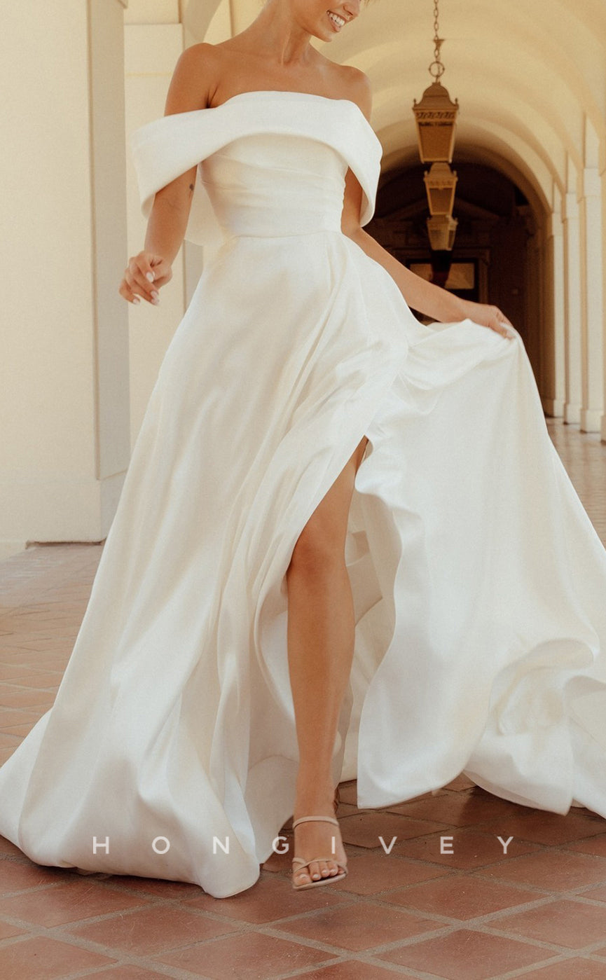 H1743 - Satin A-Line Off-Shoulder Ruched With Side Slit Wedding Dress