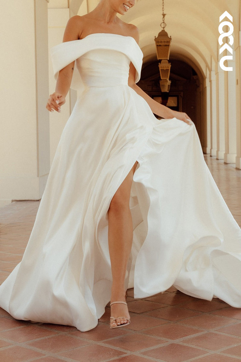 K2140 - Simple & Elegant Off-Shoudler A-line Side Slit Satin Wedding Dress