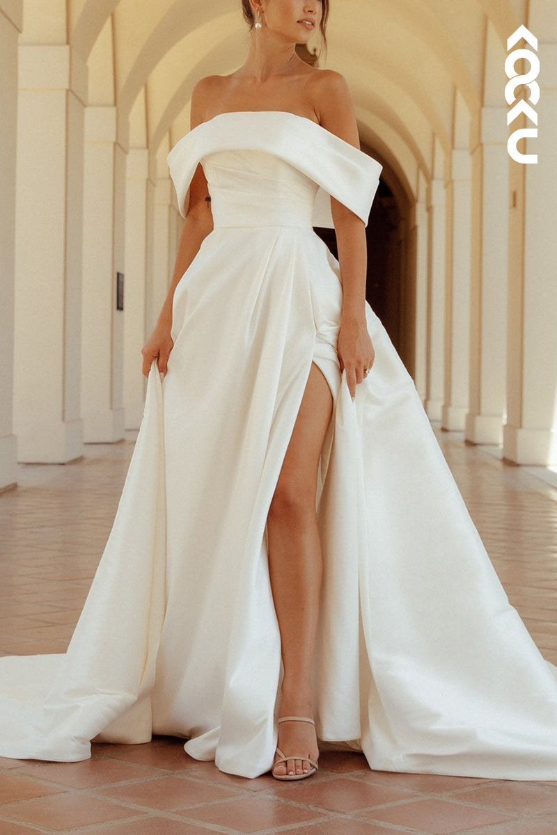 K2140 - Simple & Elegant Off-Shoudler A-line Side Slit Satin Wedding Dress