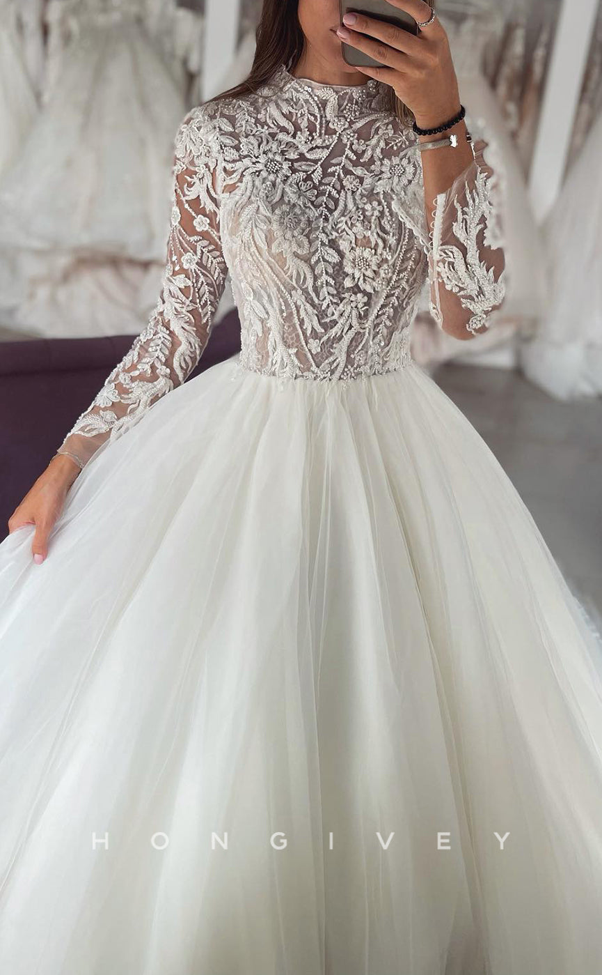 H1691 - High Neck Long Sleeve Illusion Lace Applique Tulle A-Line Wedding Dress