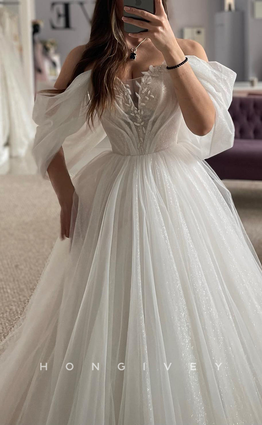 H1696 - A-Line Off-Shoulder Appliques Glitter Sheer Tulle Wedding Dress