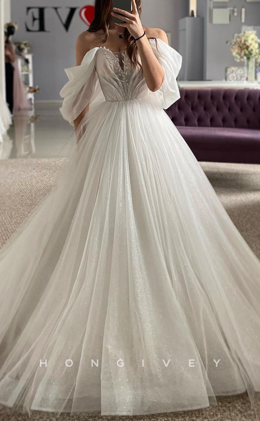 H1696 - A-Line Off-Shoulder Appliques Glitter Sheer Tulle Wedding Dress