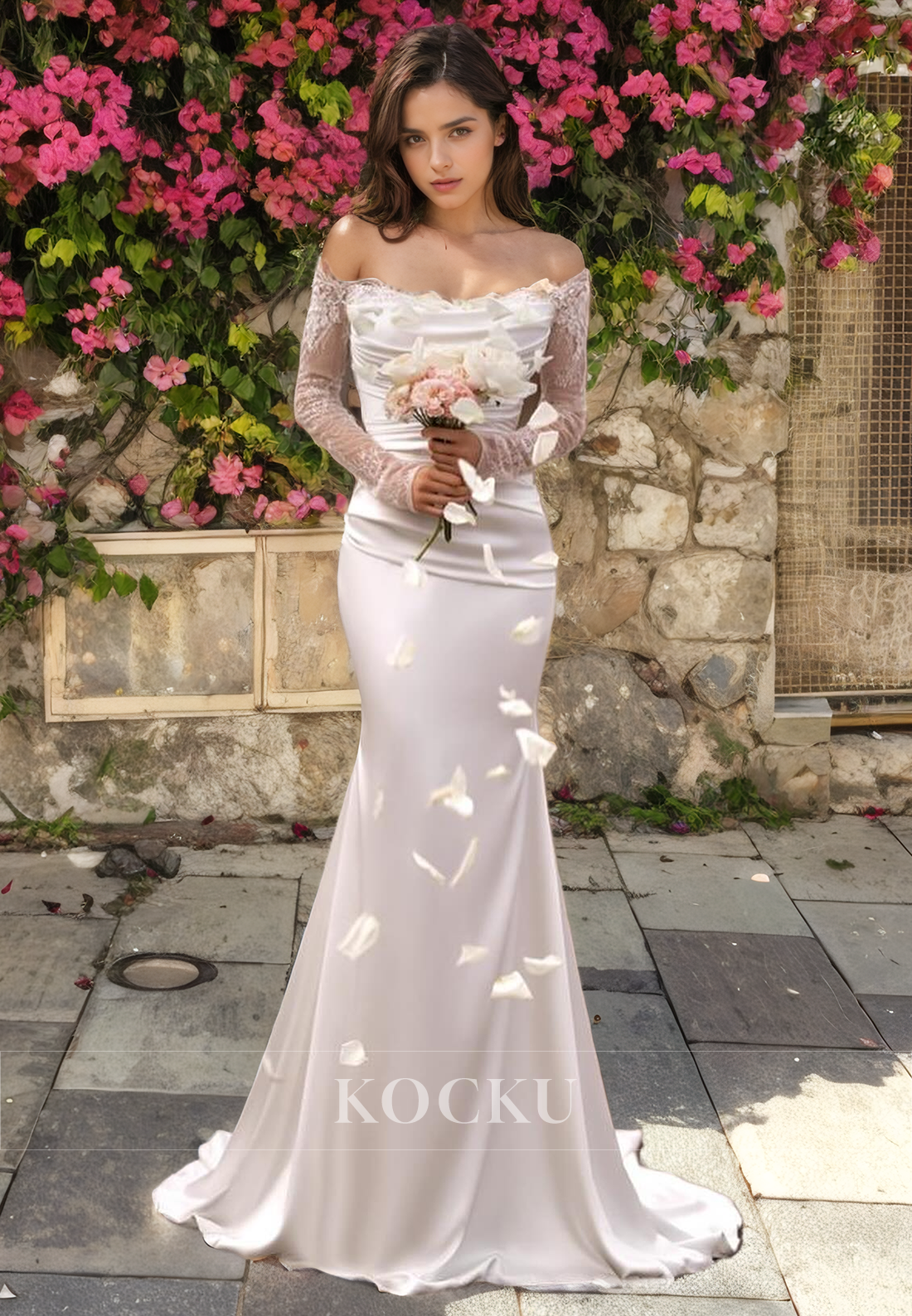 Simple & Casual Off-Shoulder Long sleeves Mermaid Satin Wedding Dress