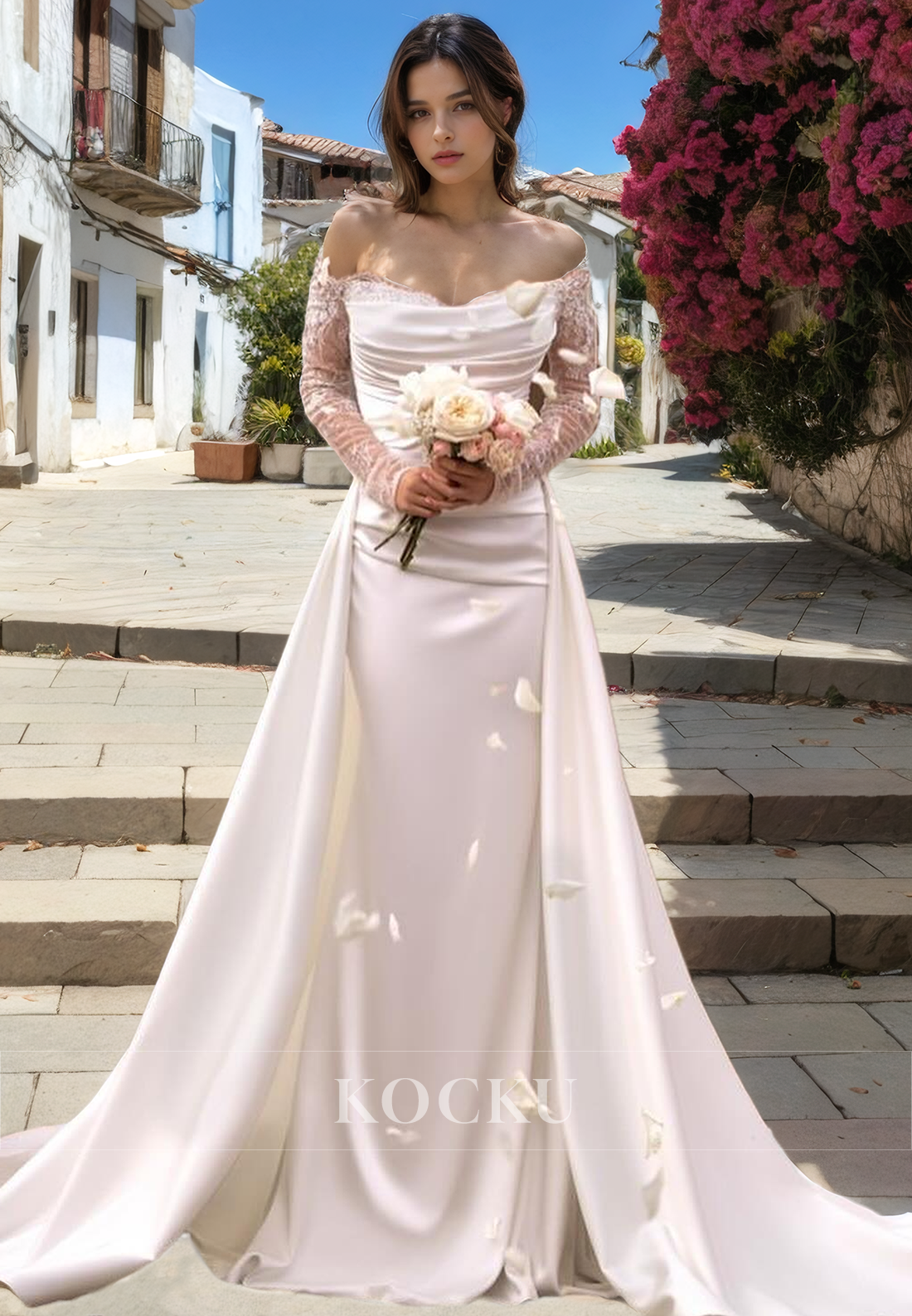 Simple & Casual Off-Shoulder Long sleeves Mermaid Satin Wedding Dress