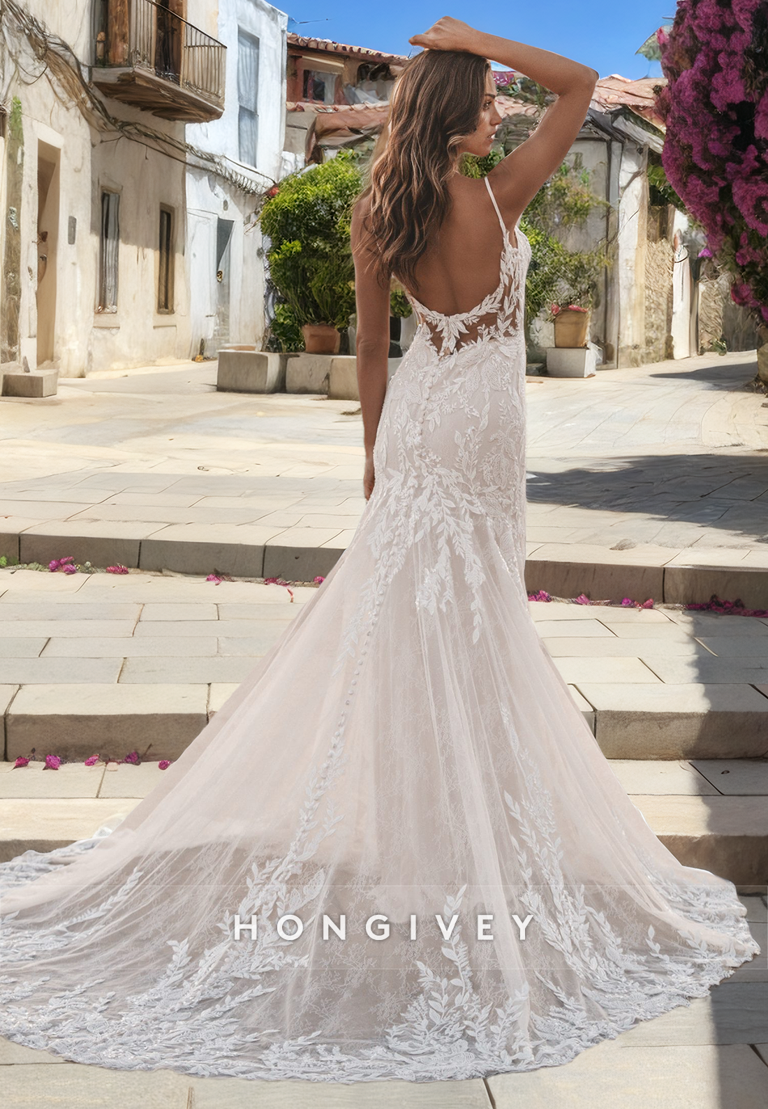 H1581 - Classic Lace Trumpet Sweetheart Spaghetti Straps Illusion Empire Appliques With Train Wedding Dress