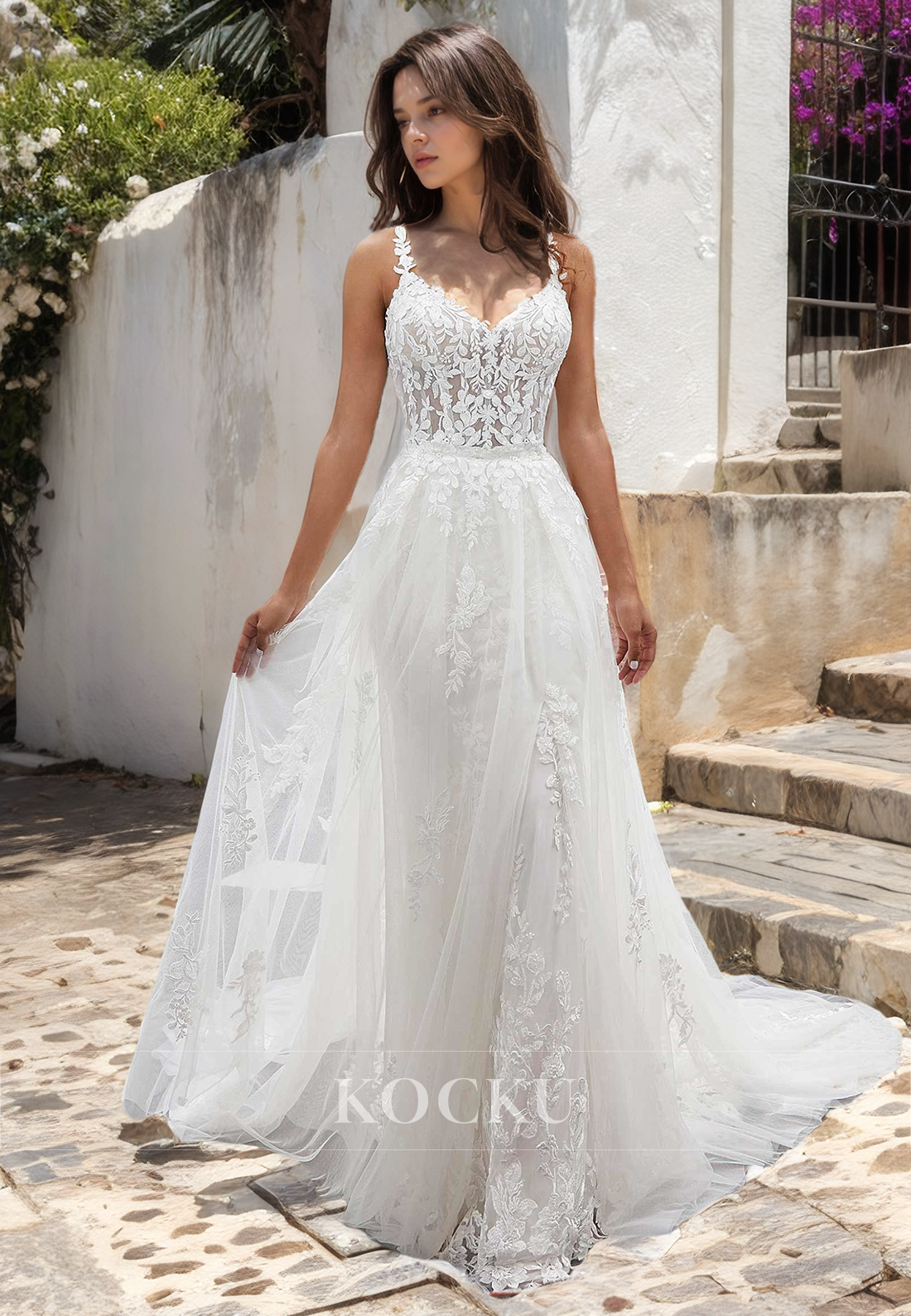 Couture & Ornate Straps V-Neck A-Line Appliques Wedding Dress