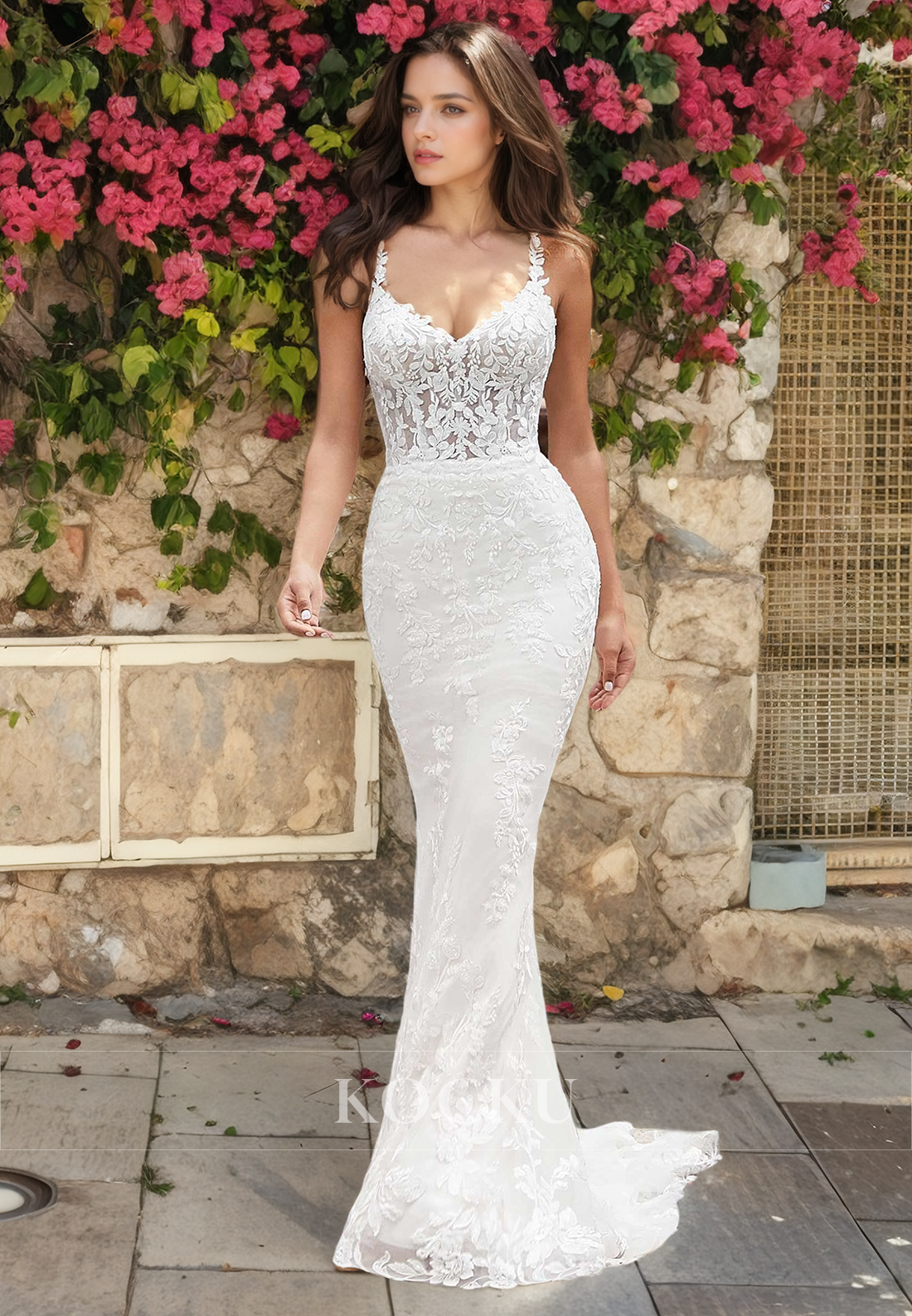 Couture & Ornate Straps V-Neck A-Line Appliques Wedding Dress