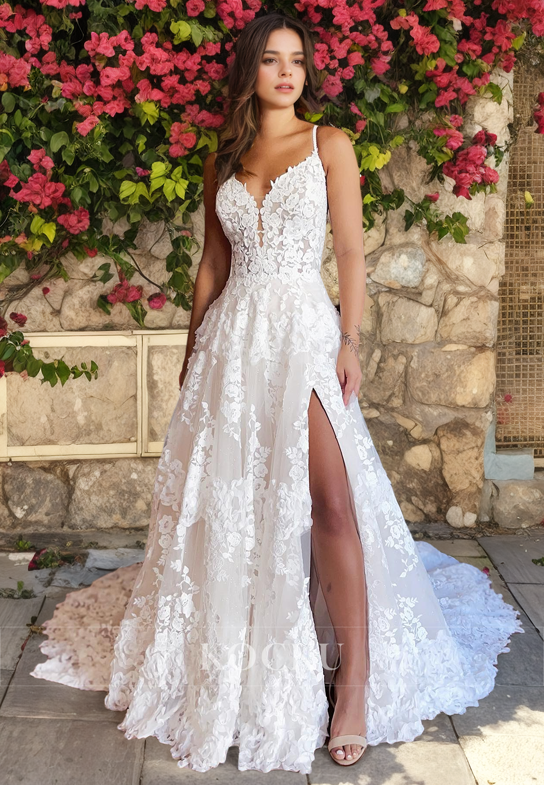 Couture & Ornate Spaghetti Straps V-Neck A-Line Appliques Wedding Dress