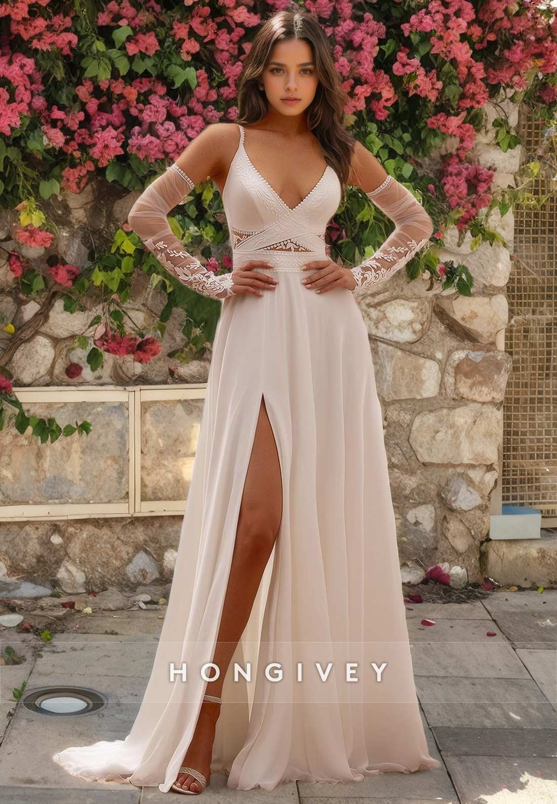 H1544 - Sexy Satin A-Line V-Neck Spaghetti Straps Empire Appliques With Side Slit Wedding Dress