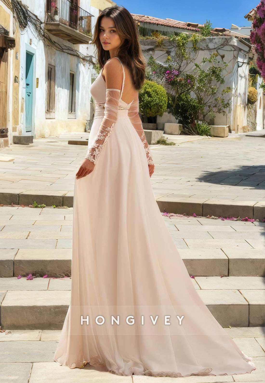 H1544 - Sexy Satin A-Line V-Neck Spaghetti Straps Empire Appliques With Side Slit Wedding Dress