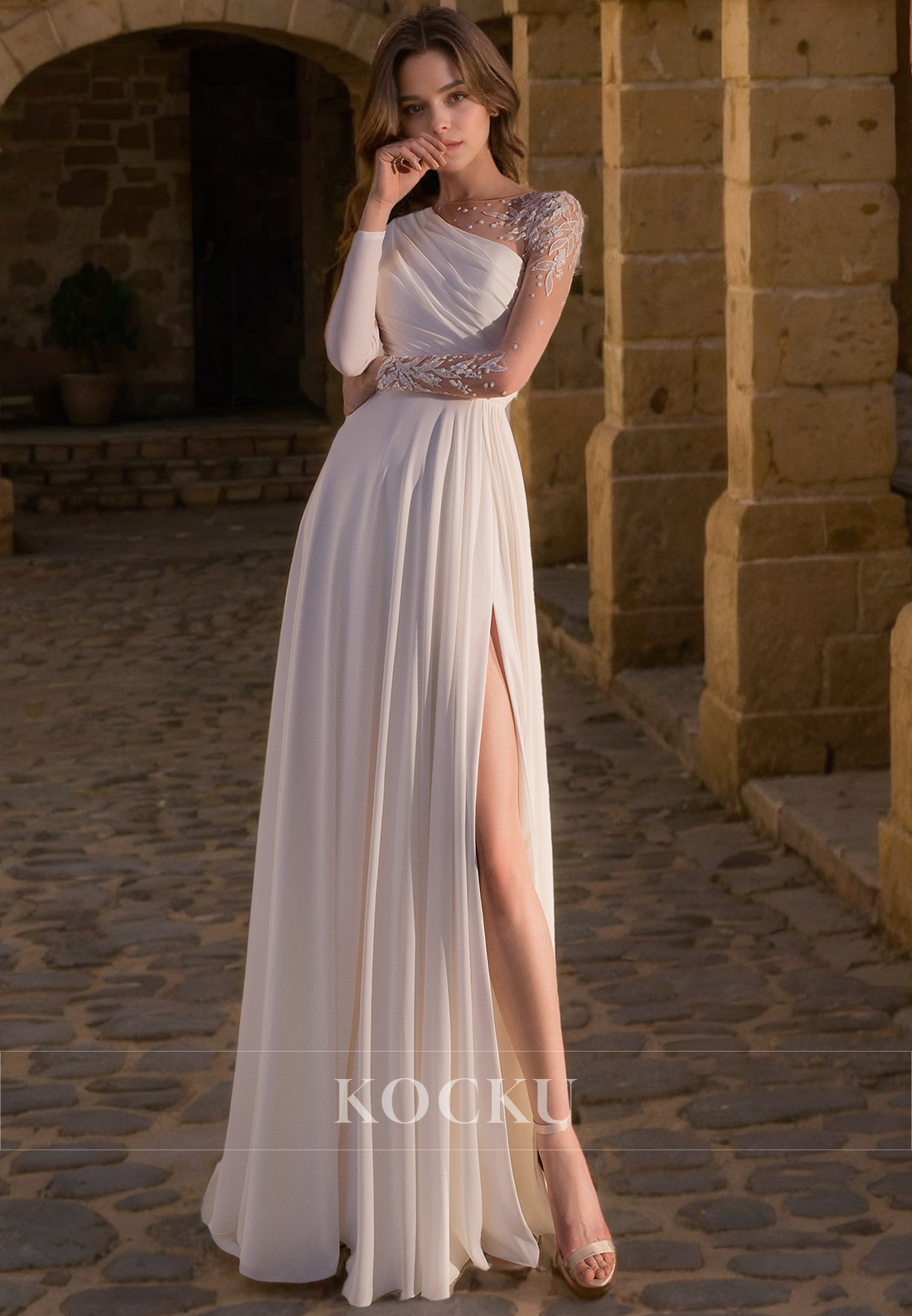 A-Line Long One Shoulder sleeves Split Satin Wedding Dress