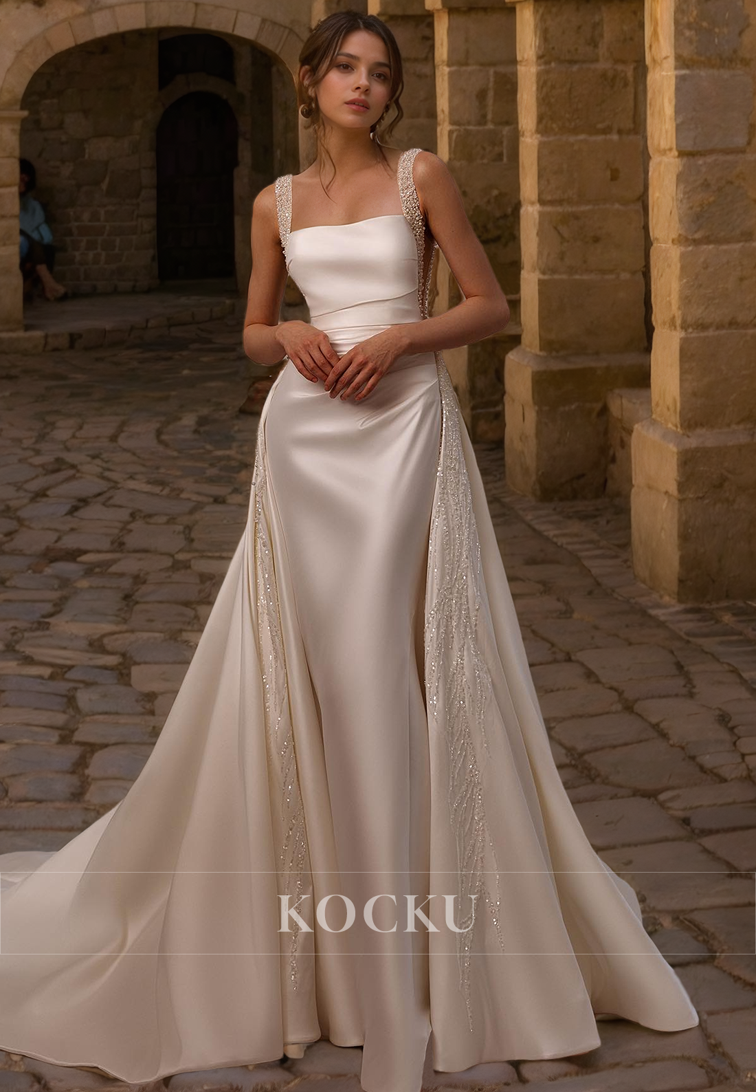 Classic & Timeless Straps Square Mermaid Satin Wedding Dress