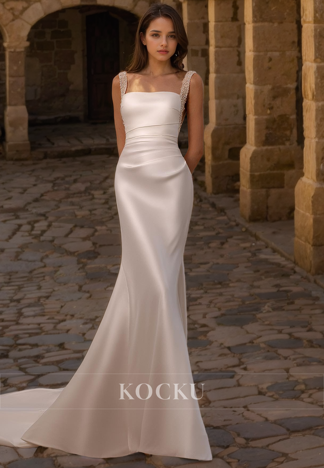 Classic & Timeless Straps Square Mermaid Satin Wedding Dress