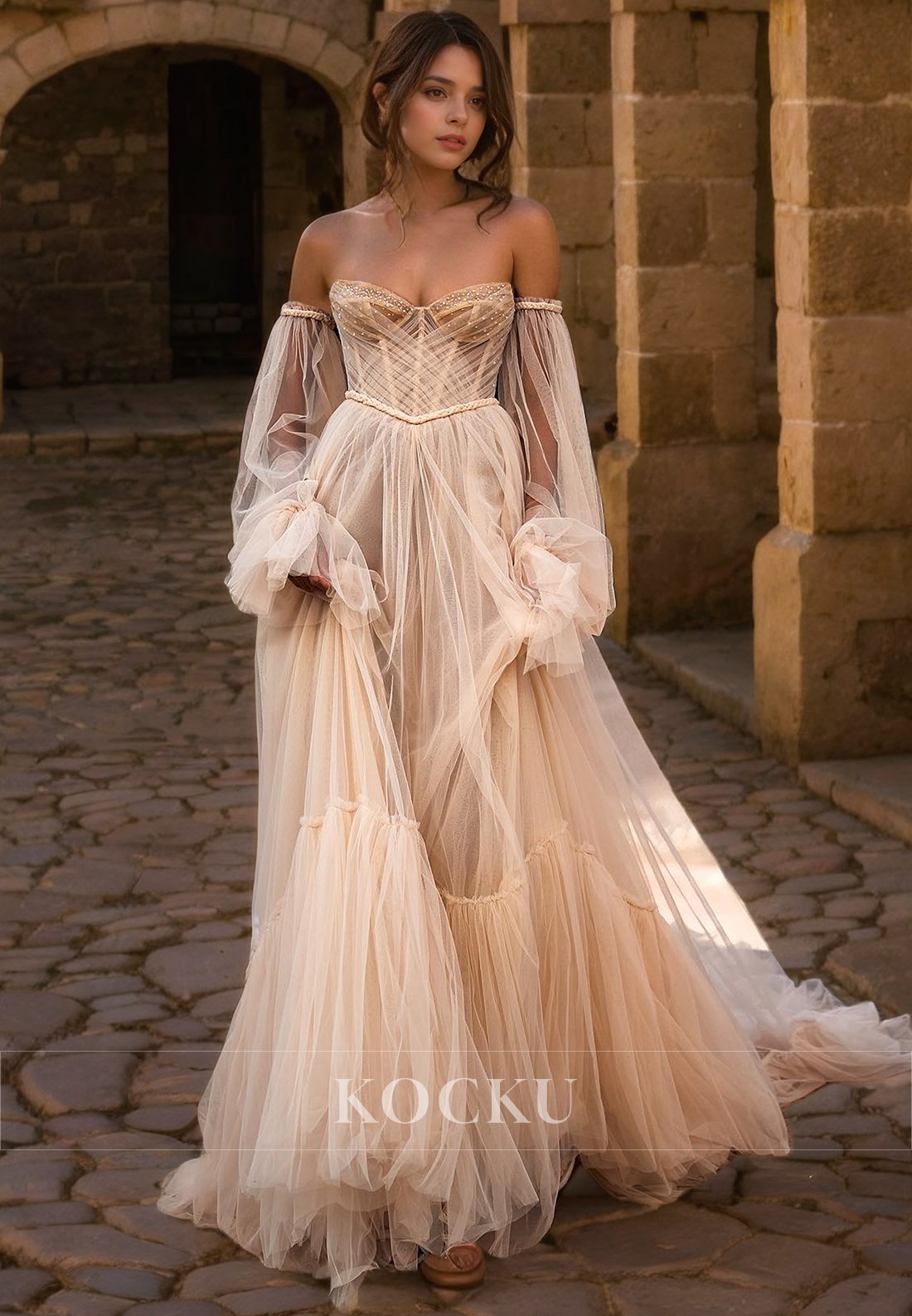 Gorgeous & Charming Long sleeves Appliques Off-Shoulder A-Line Wedding Dress