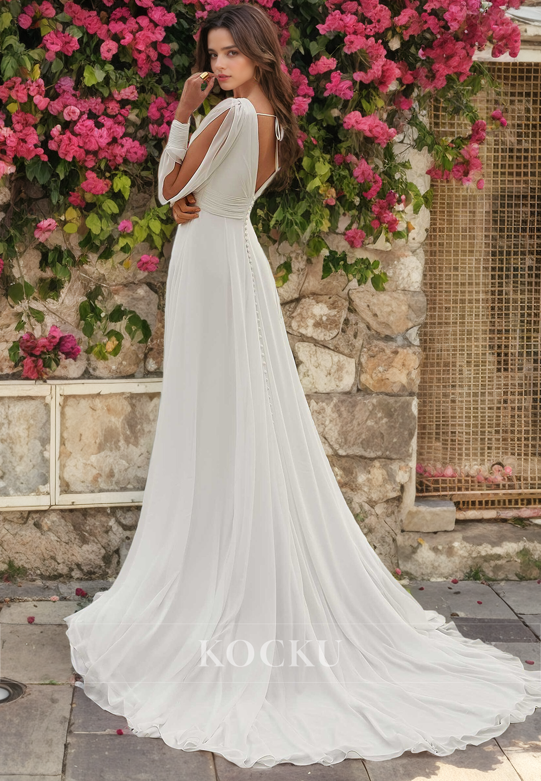 Elegant & Simple Long sleeves A-Line V-Neck Split Wedding Dress