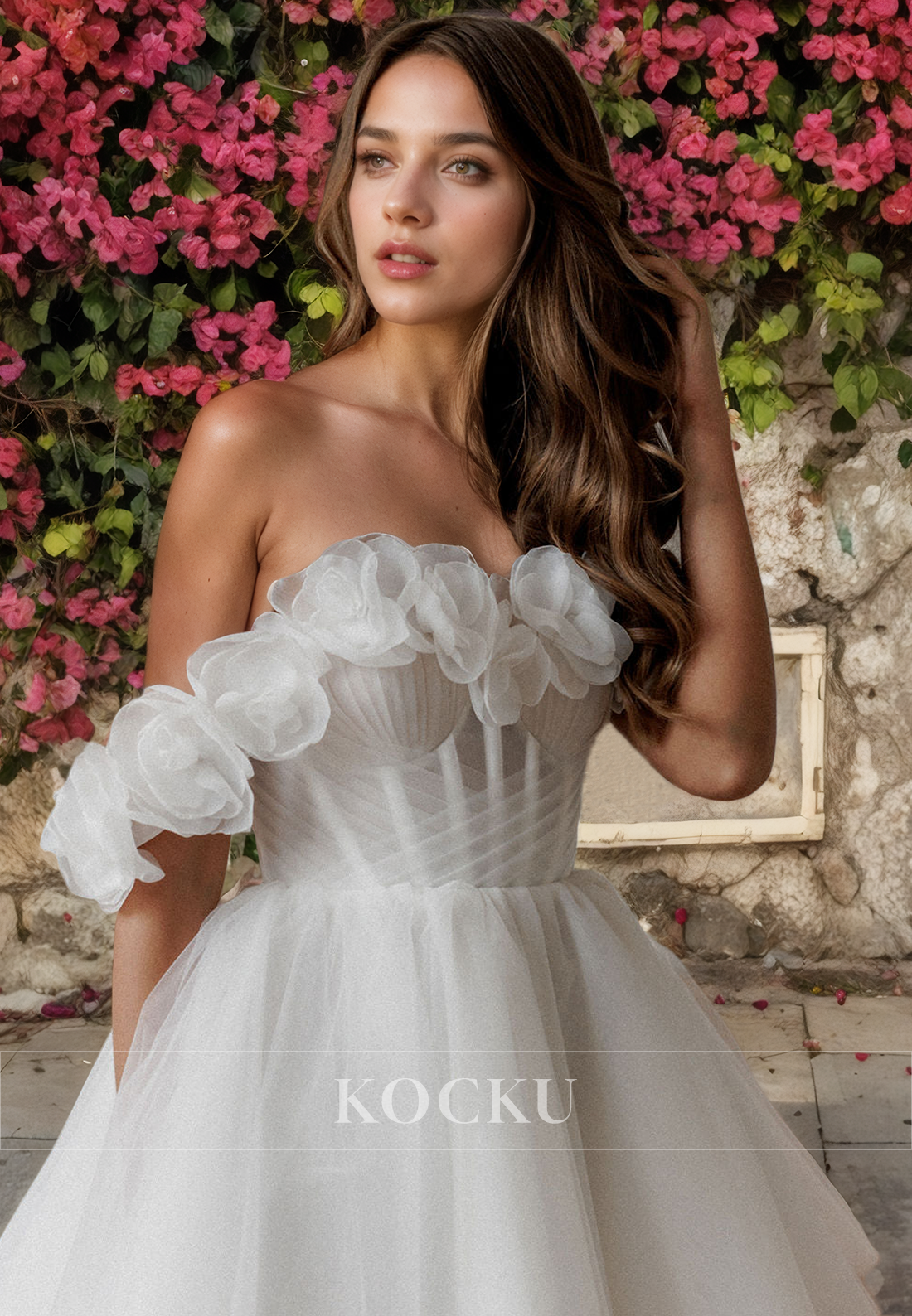 Couture & Ornate Off-Shoulder A-Line Flower Mini Wedding Dress