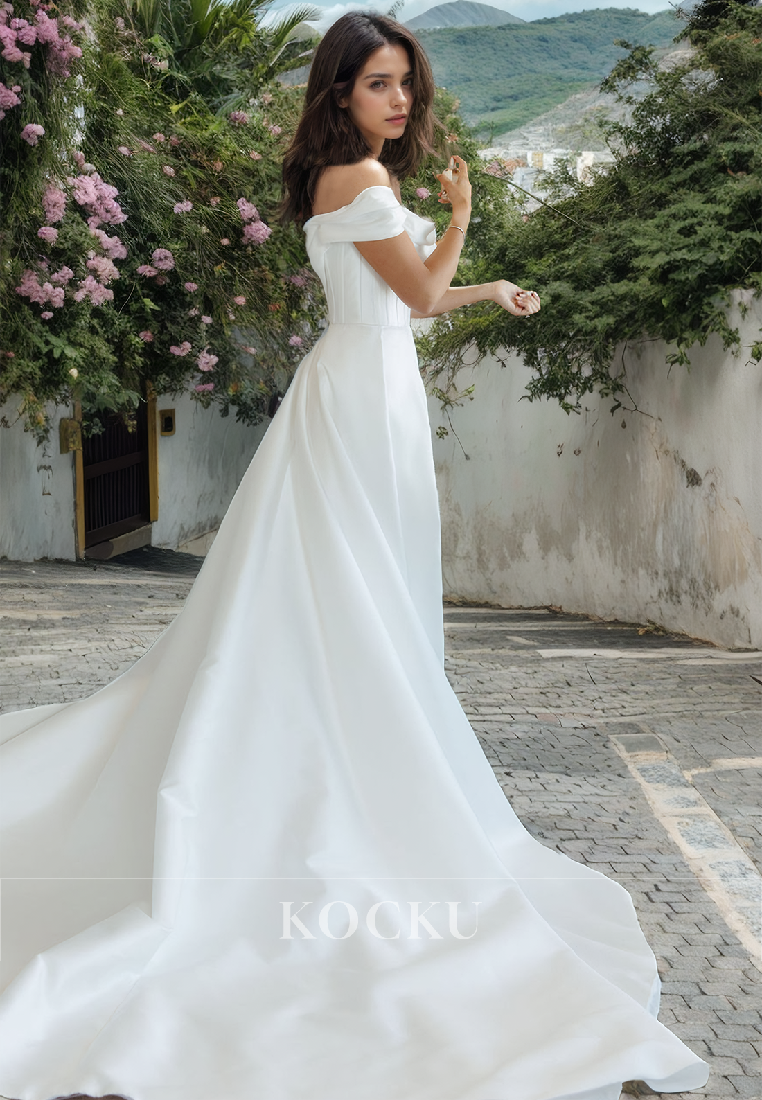 Classic & Timeless Off-Shoulder A-Line Split Satin Wedding Dress