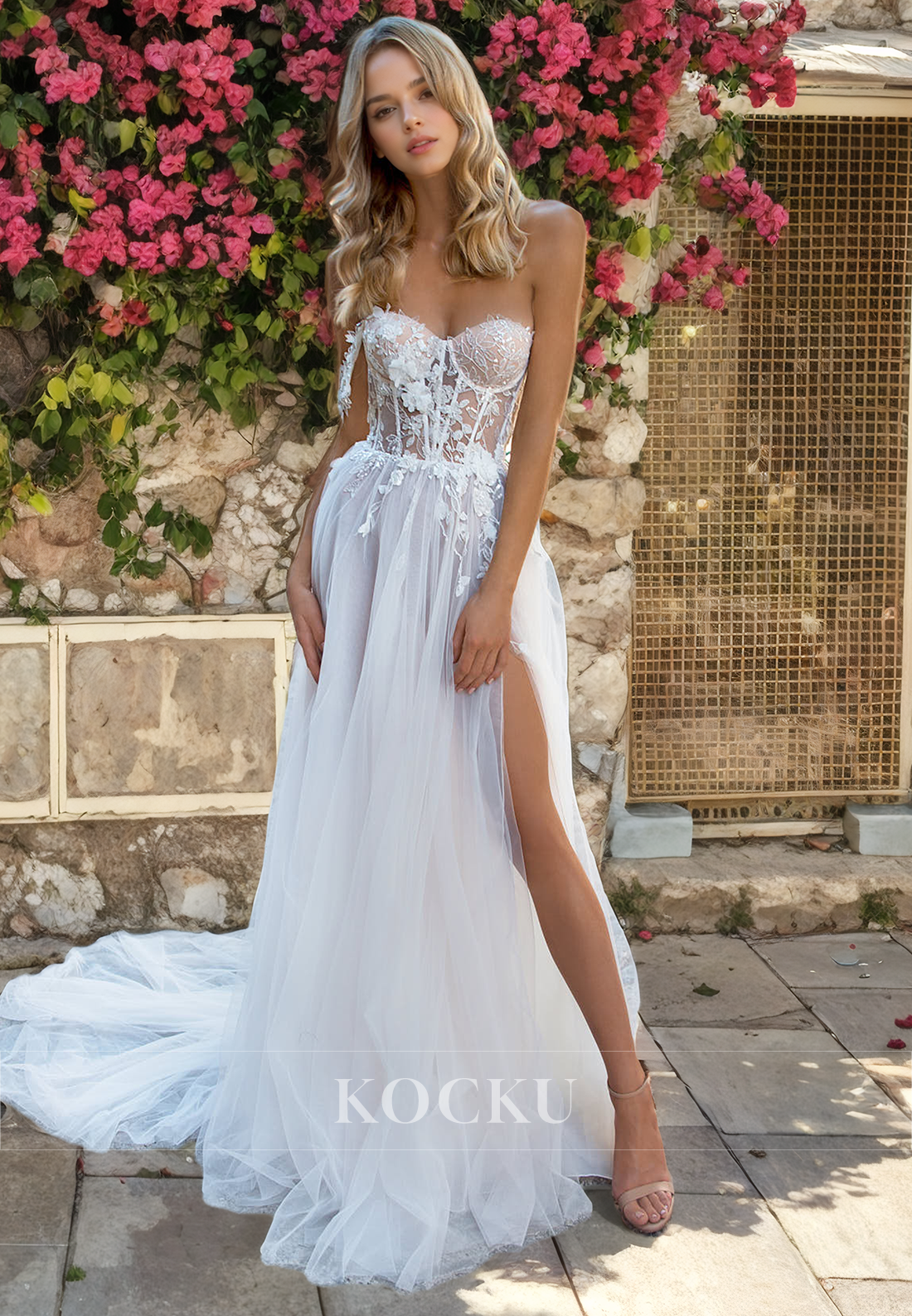 Couture & Ornate Off-Shoulder Appliques A-Line Split Wedding Dress