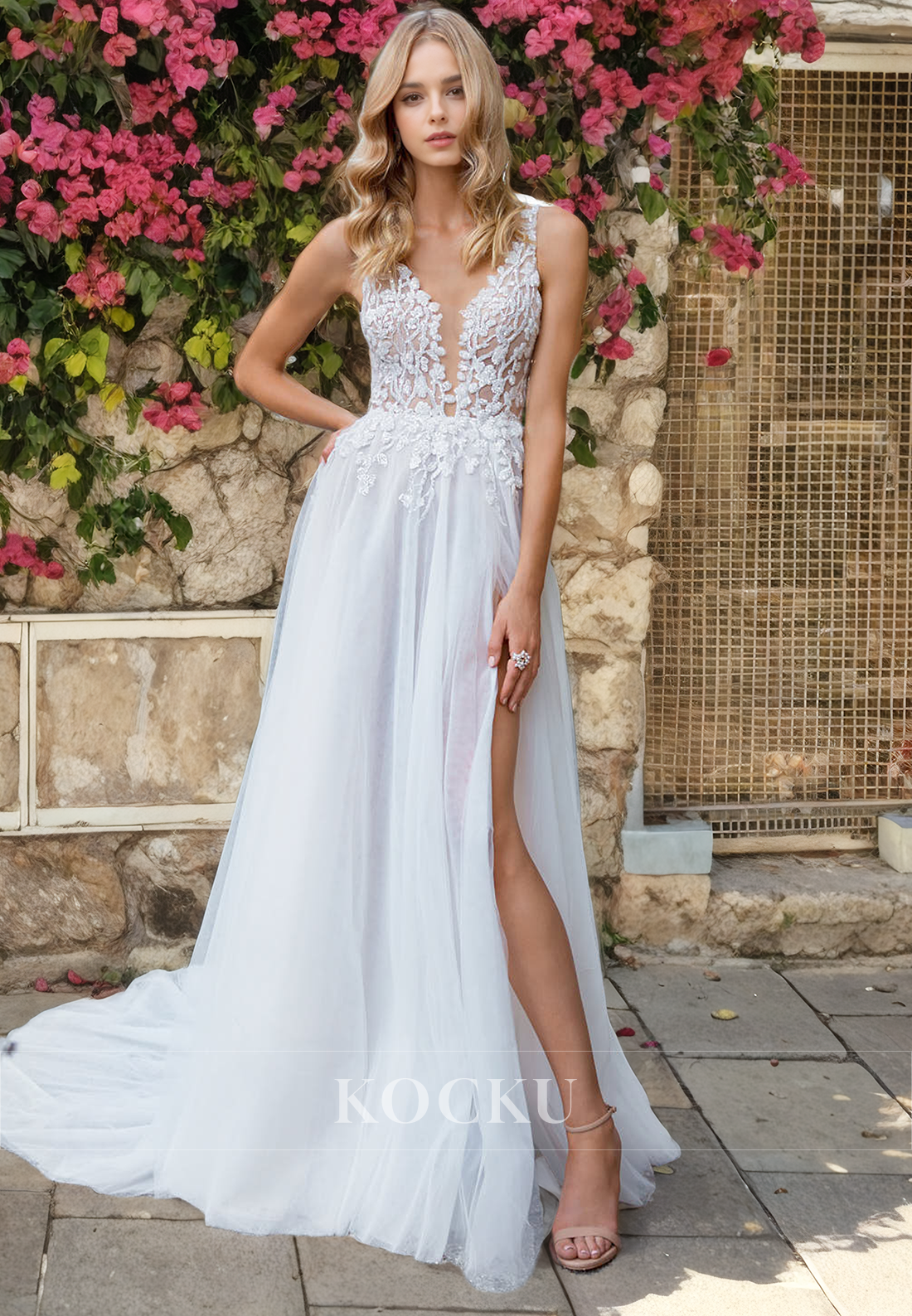 Elegant & Luxurious V-Neck Spaghetti Straps A-Line Appliques Split Wedding Dress