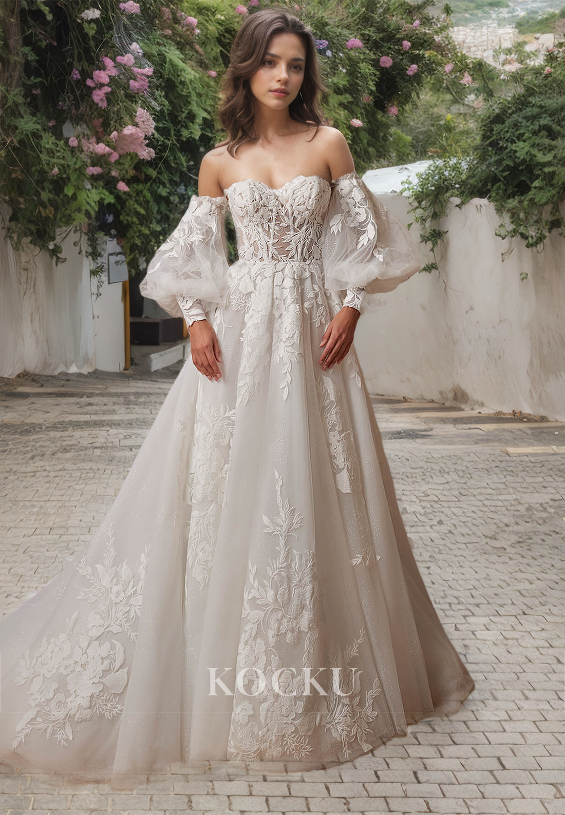 Glamorous & Dramatic Off-Shoulder Long sleeves A-Line Appliques Wedding Dress