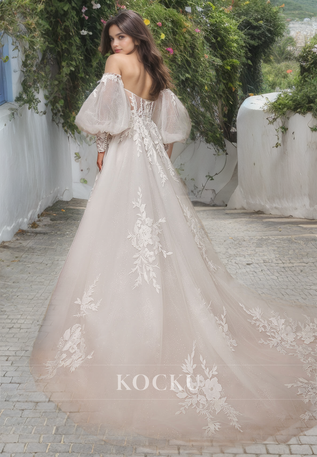 Glamorous & Dramatic Off-Shoulder Long sleeves A-Line Appliques Wedding Dress