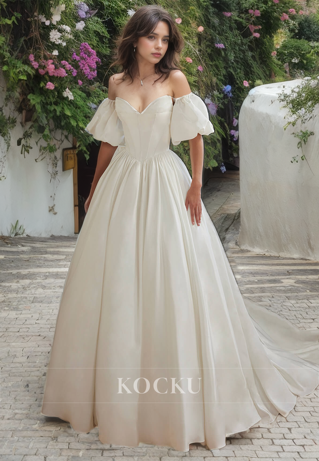 Classic & Timeless Off-Shoulder Short sleeves A-Line Satin Wedding Dress